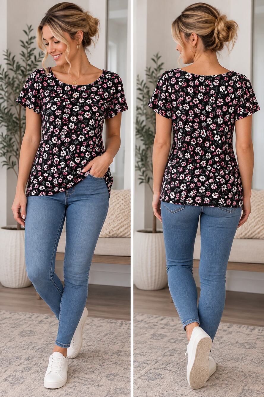 Ann Taylor Factory Floral Top Black Pink White Short Sleeve Scoop Neck S